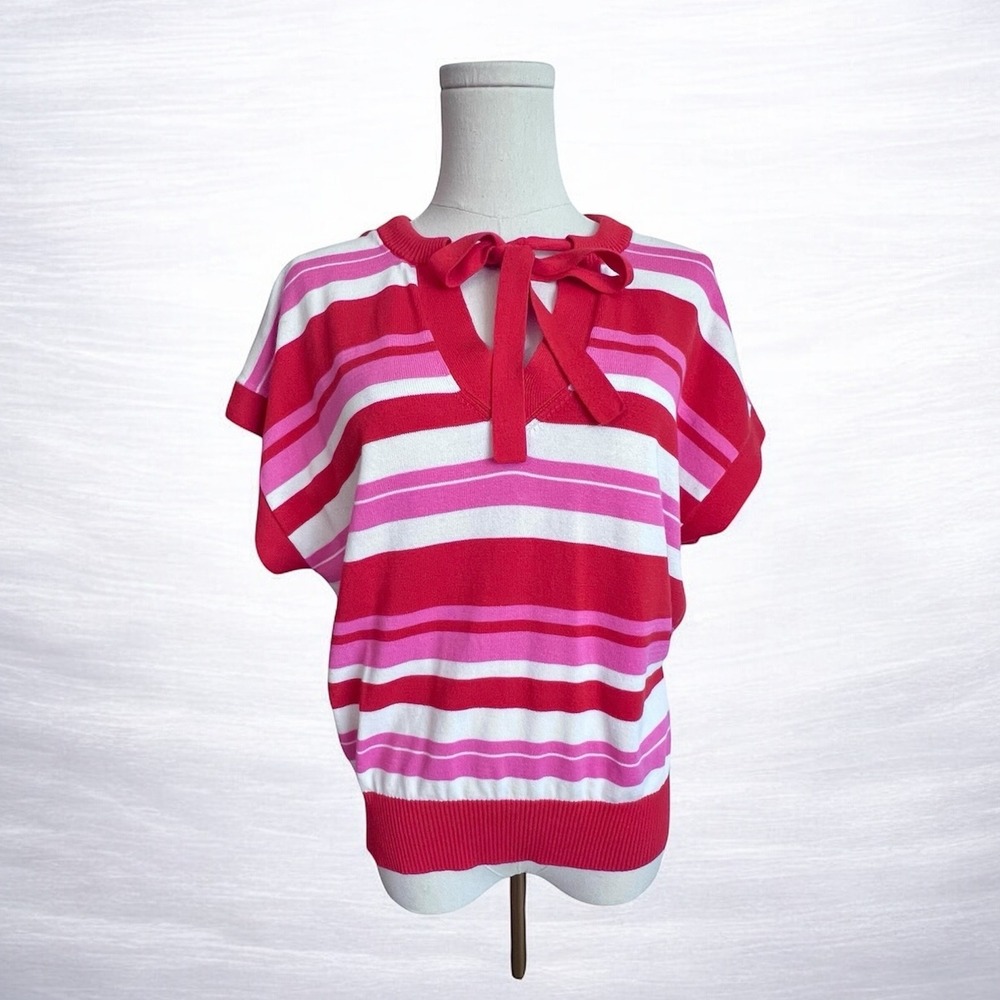 Trina Turk Red Pink White Striped V-Neck Short Sleeve Knit Sweater Top
Womens M